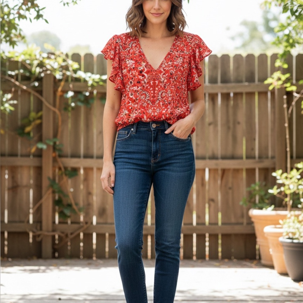 Rose & Olive Red Floral Blouse with Ruffle Sleeves - Picture 2 of 5